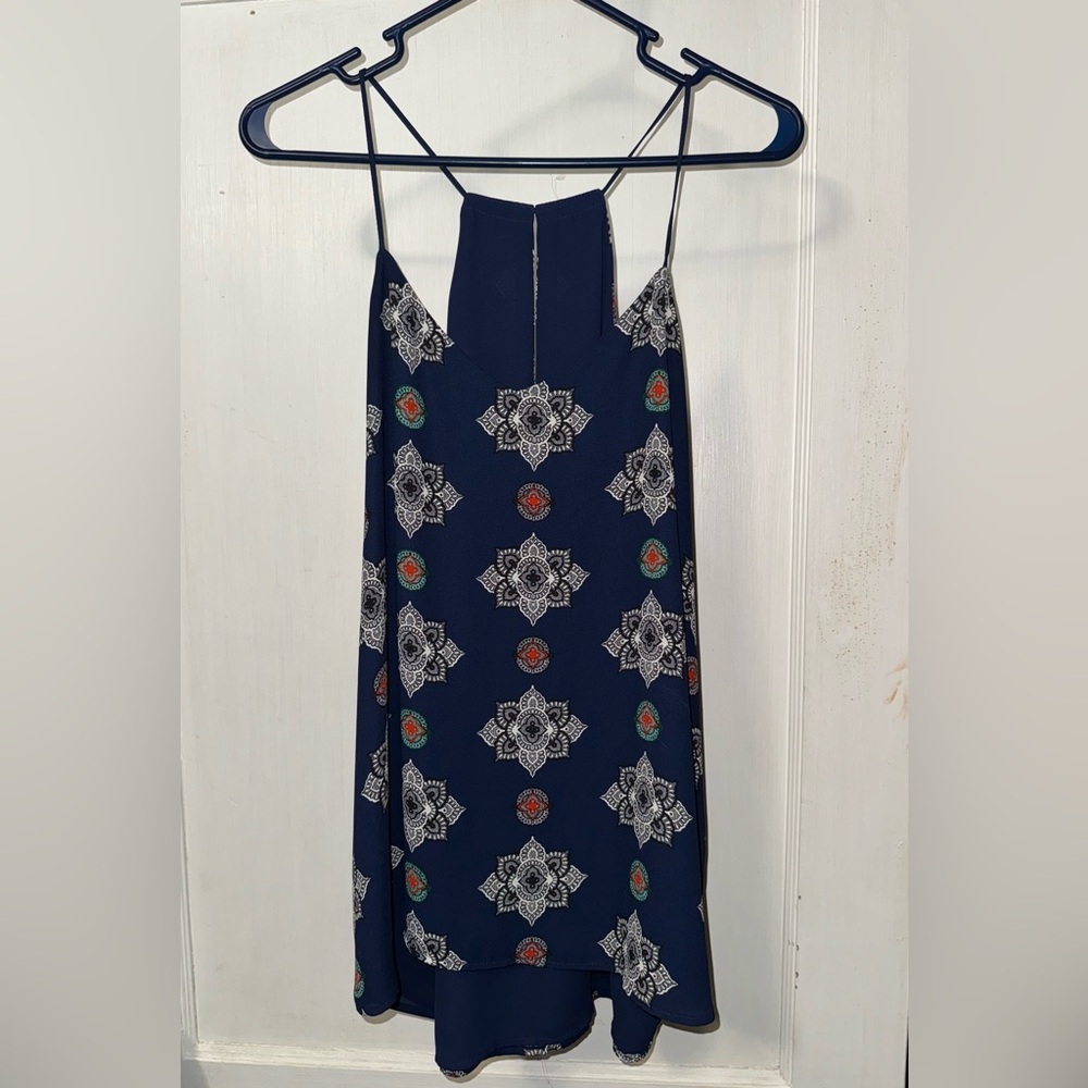 Navy Blue Patterned Spaghetti Strap Dress